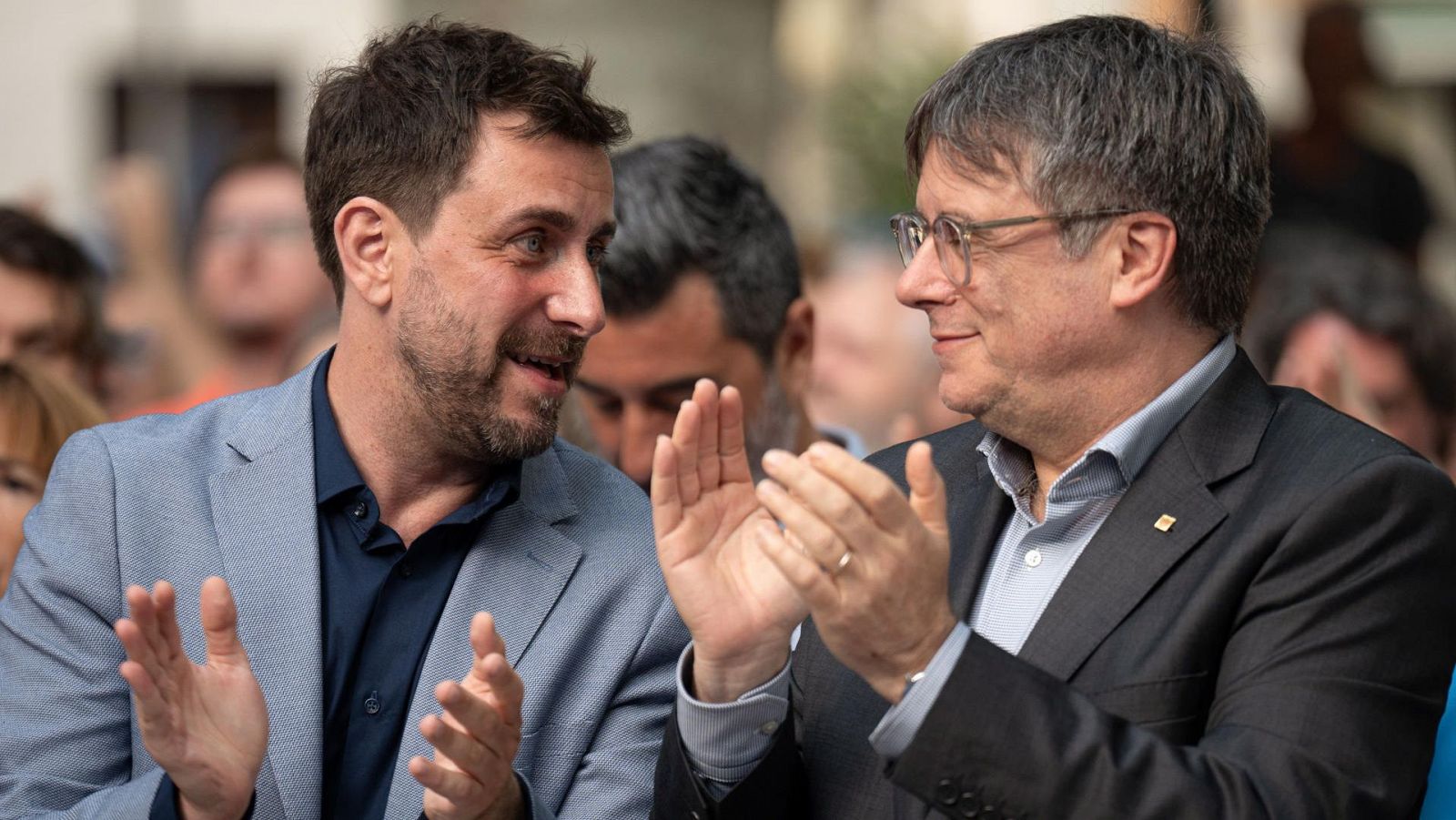 Puigdemont y Comín durante un acto de campaña en Colliure