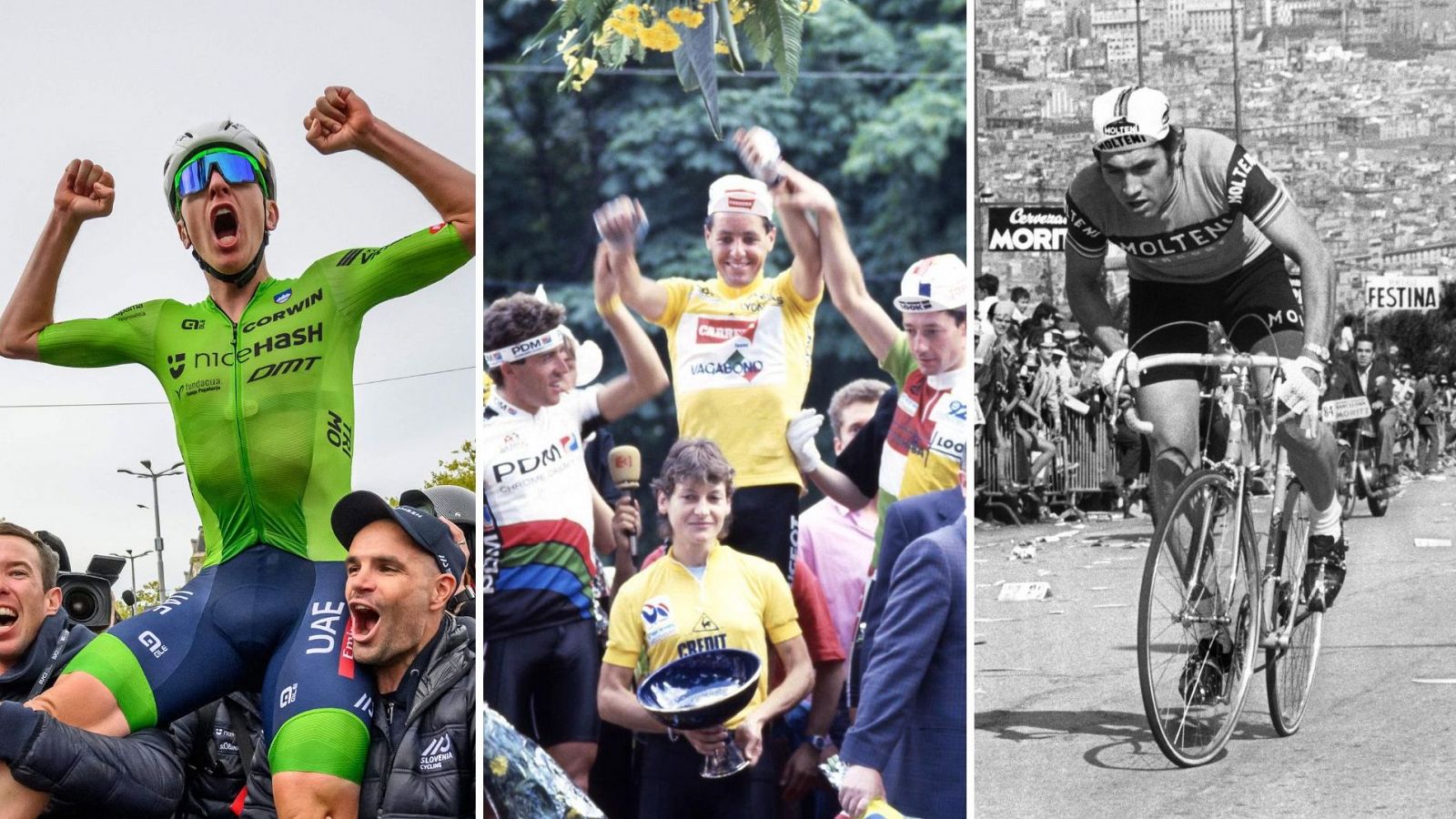 Pogacar (izquierda), Roche (centro), Merckx (derecha), los tres ganadores de la triple corona