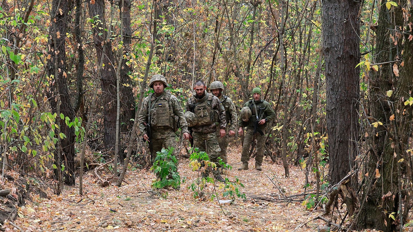 Soldados ucranianos de la recién formada 154.ª Brigada Mecanizada Independiente caminan por una zona forestal