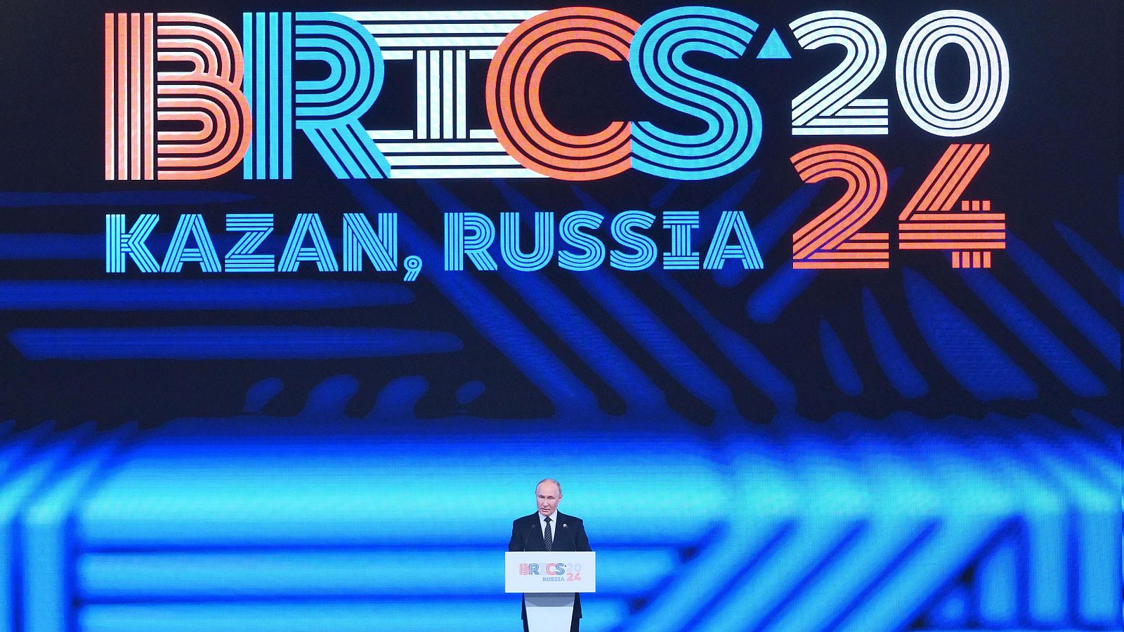 El presidente ruso, Vladimir Putin, pronuncia su discurso durante la recepción oficial de la 16ª Cumbre de los BRICS. Guterres y Putin se reunirán por primera vez desde abril de 2022 para hablar de la guerra en Ucrania.