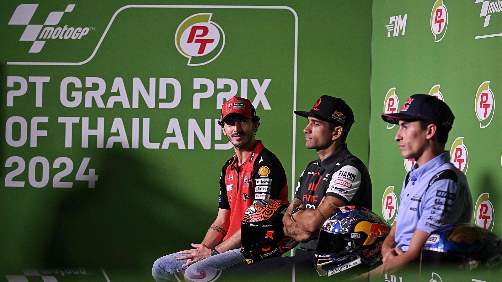 Jorge Martín, Pecco Bagnaia y Marc Márquez en la previa del GP de Tailandia de MotoGP