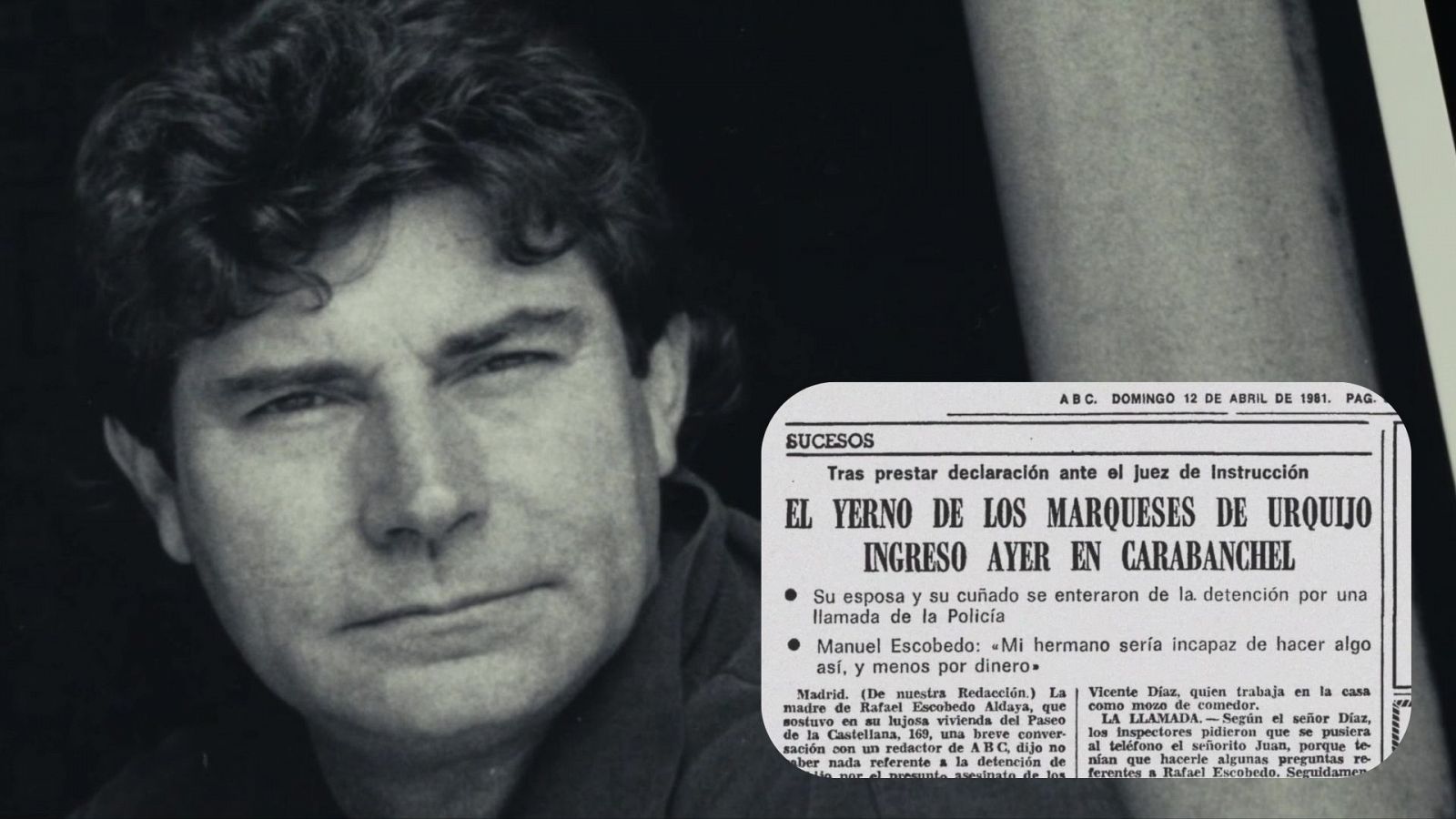 Imagen de Jesús Quintero junto a un recorte de periódico sobre el asesinato de los marqueses de Urquijo y la detención de su yerno, Manuel Escobedo.  #JesúsQuintero #MarquesesdeUrquijo #Crimen
