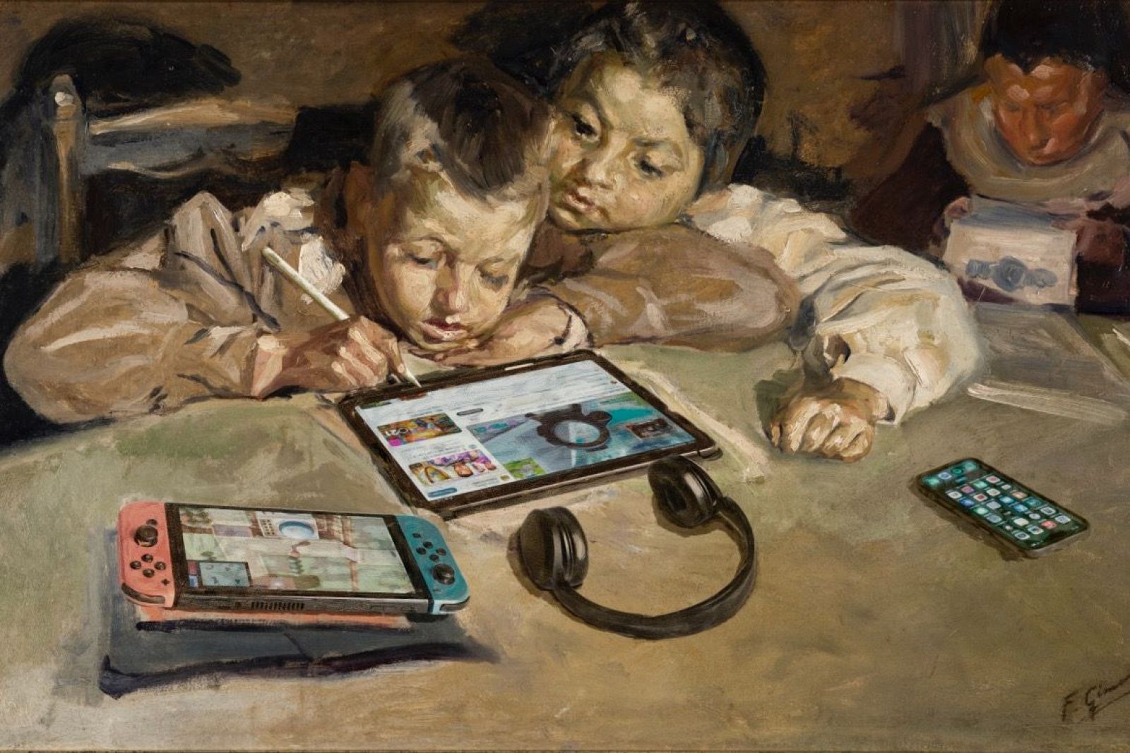 Francesc y Josep, los niños de la obra de Gimeno "Niños Leyendo", ahora interactúan con una tablet, una Nintendo Switch y un móvil en esta versión modernizada.