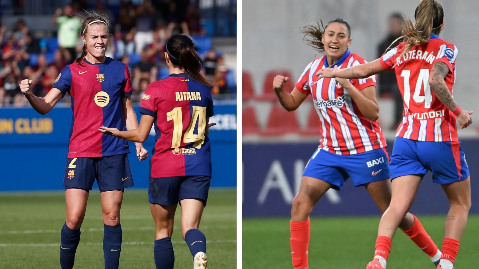 Irene Paredes (i) y Fiamma Benítez celebran sus goles con el Barcelona y el Atlético de Madrid en sus respectivos partidos de la 11ª jornada de la LigaF. Fotocomposición