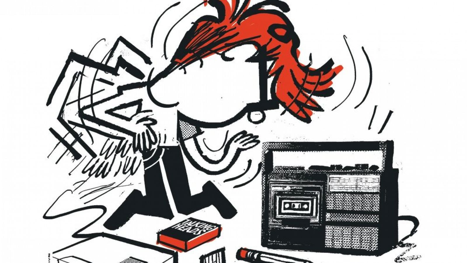 Personaje de pelo rojo saltando junto a un radiocasete y cassettes de Talking Heads. Ilustración en blanco y negro con detalles rojos. © 2024 Lorenzo Montatore.