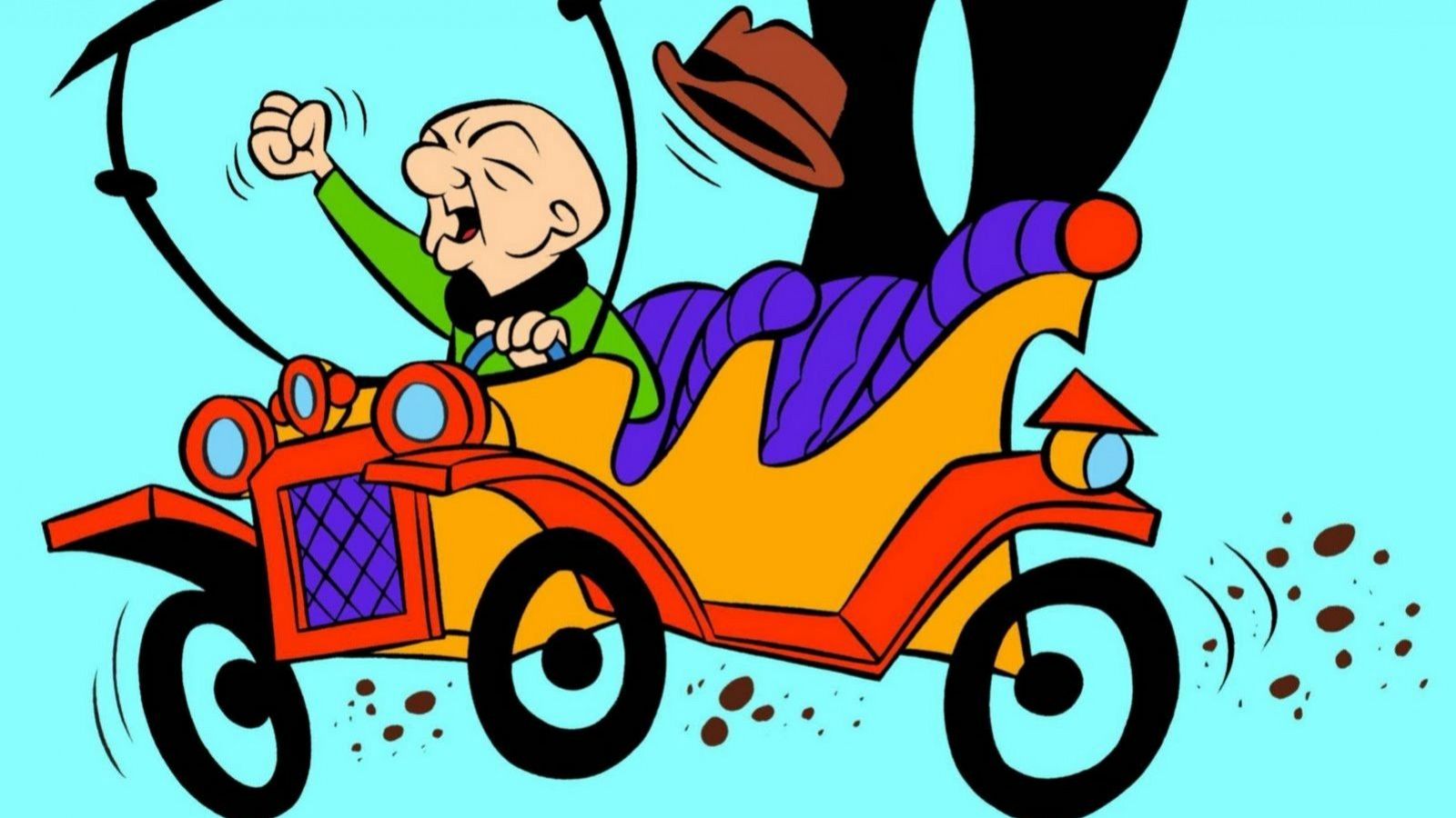 Mr. Magoo, con camisa verde, conduce un coche rojo y amarillo descapotable; su sombrero sale volando.