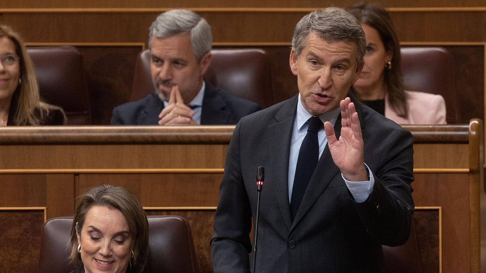 El presidente del PP, Alberto Núñez Feijóo, interviene durante una sesión de control al Gobierno