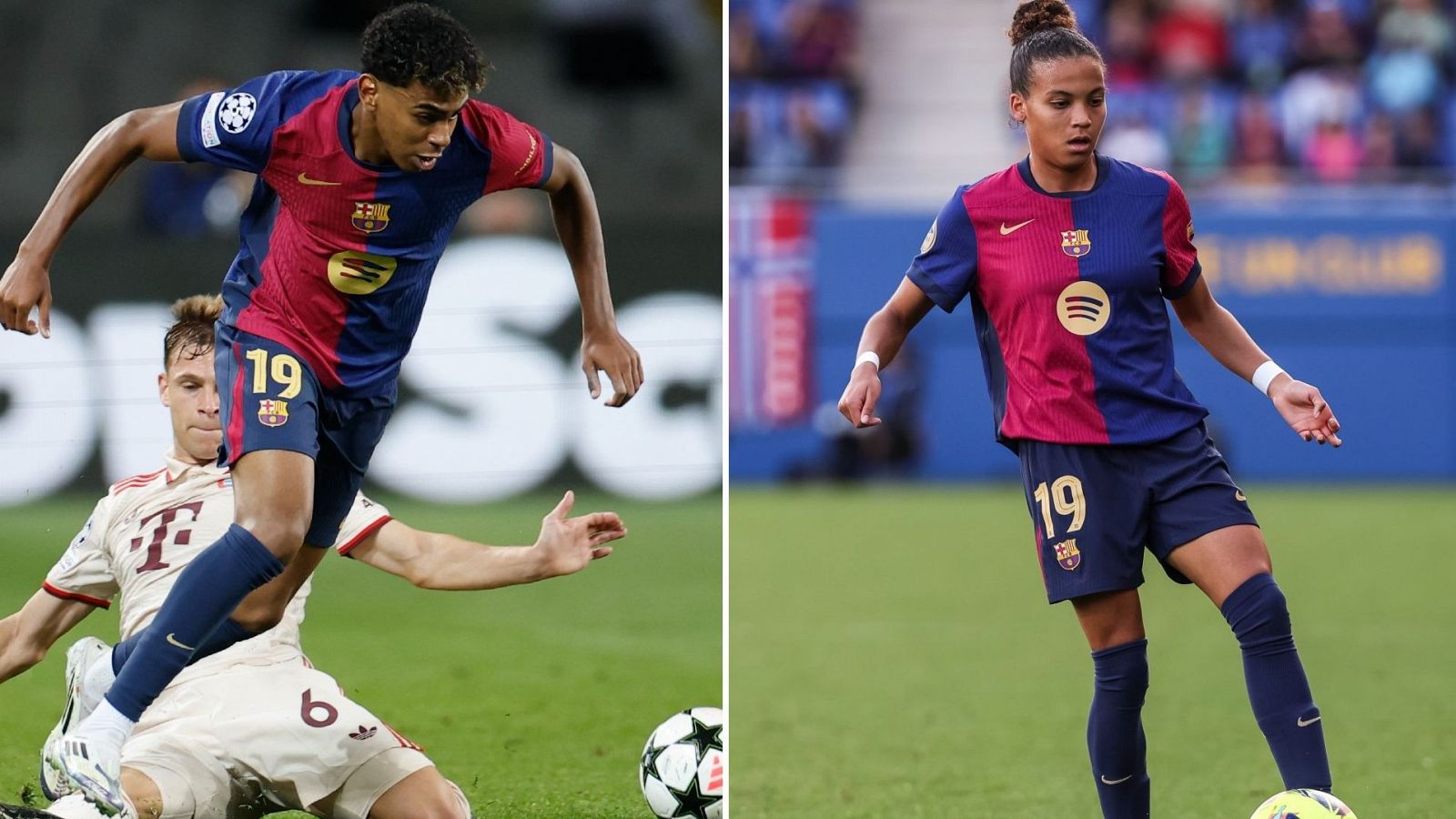 Lamine Yamal (FC Barcelona) y Vicky López (FC Barcelona femenino), ambos con el dorsal 19, en acción durante partidos de fútbol.  Se ven sus equipaciones y detalles como el parche de la Champions League.