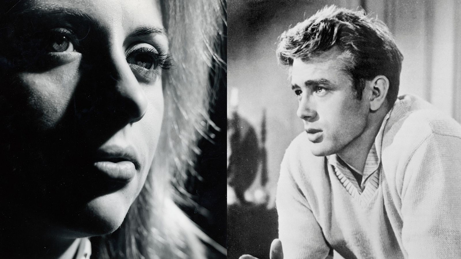 Retratos en blanco y negro de Mari Trini y James Dean.  El titular sugiere una conexión profesional entre ambos.