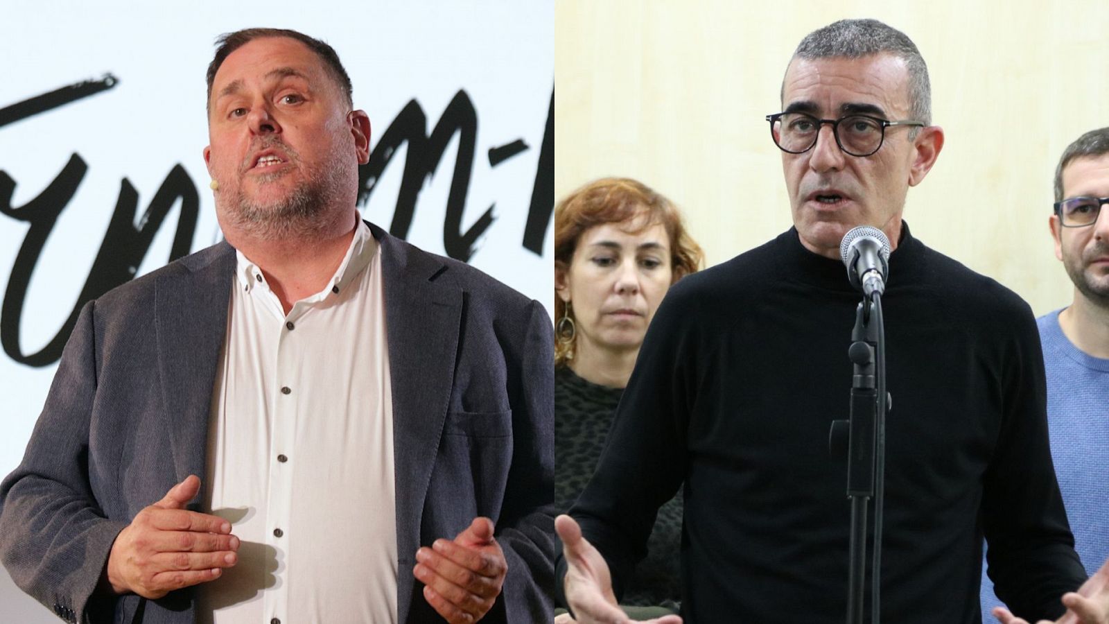 Junqueras (camisa blanca, americana gris) y Godàs (jersey negro) candidatos de ERC, en imagen dividida.  Junqueras gesticula, Godàs habla por micrófono.