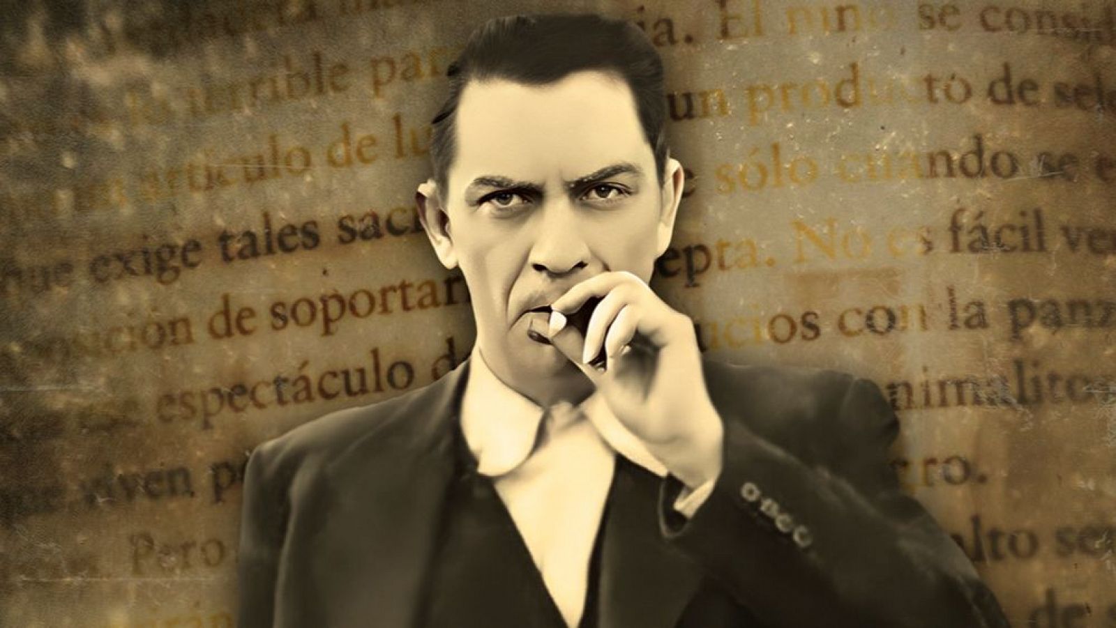 Retrato sepia de Manuel Chaves Nogales fumando un cigarro; fondo con texto antiguo. Anuncio del documental 'Imprescindibles'.