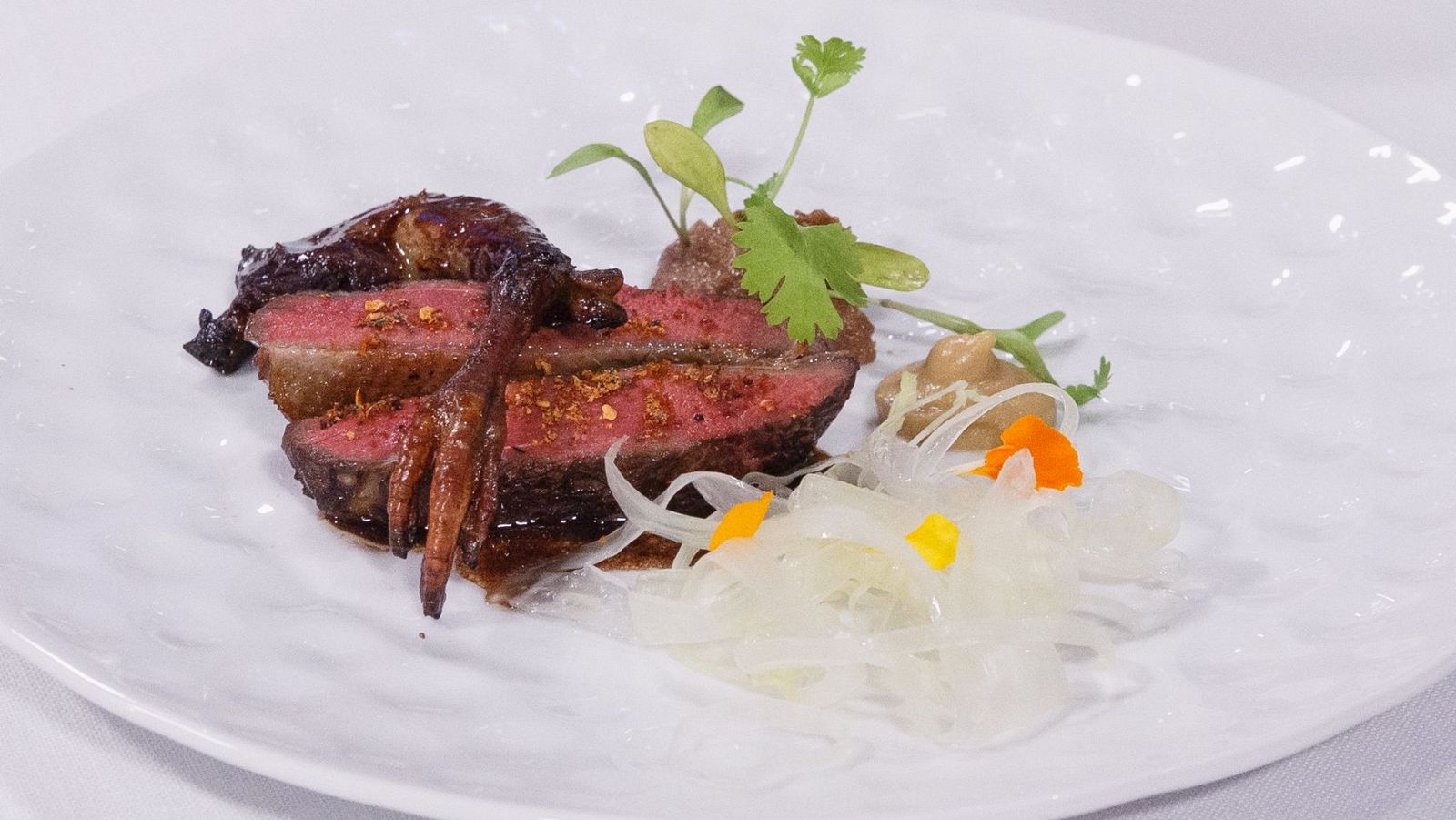 Pechuga de pichón fileteada, glaseada, con emulsión, cebolla, zanahoria, flores y hierbas. Plato blanco, presentación cuidada.