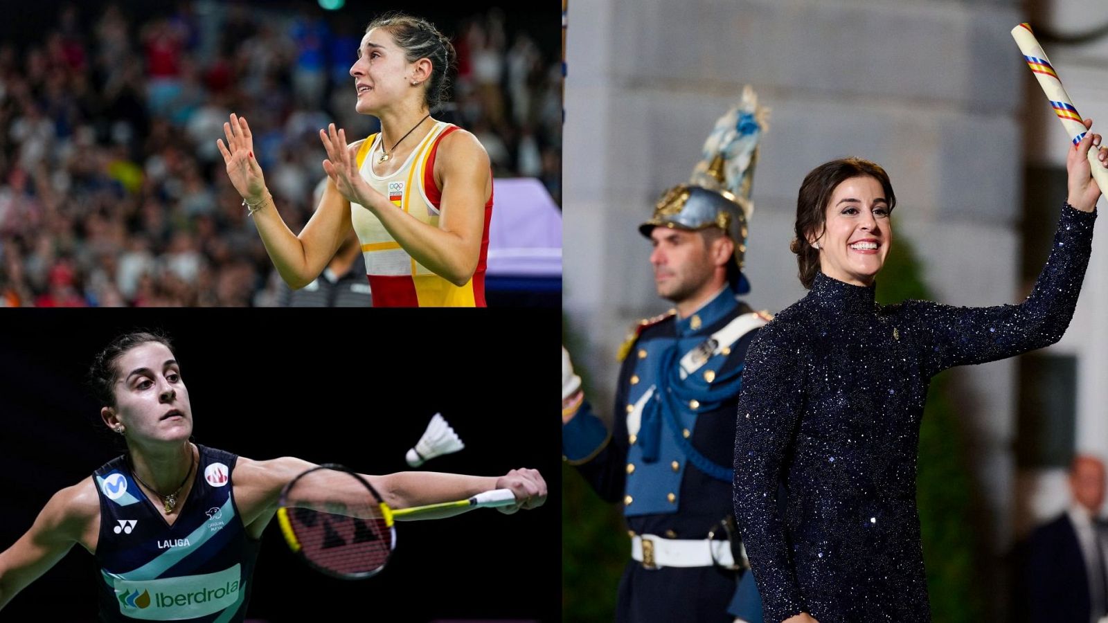 Imágenes de Carolina Marín: celebrando un triunfo, jugando bádminton y en un acto formal recibiendo un premio.