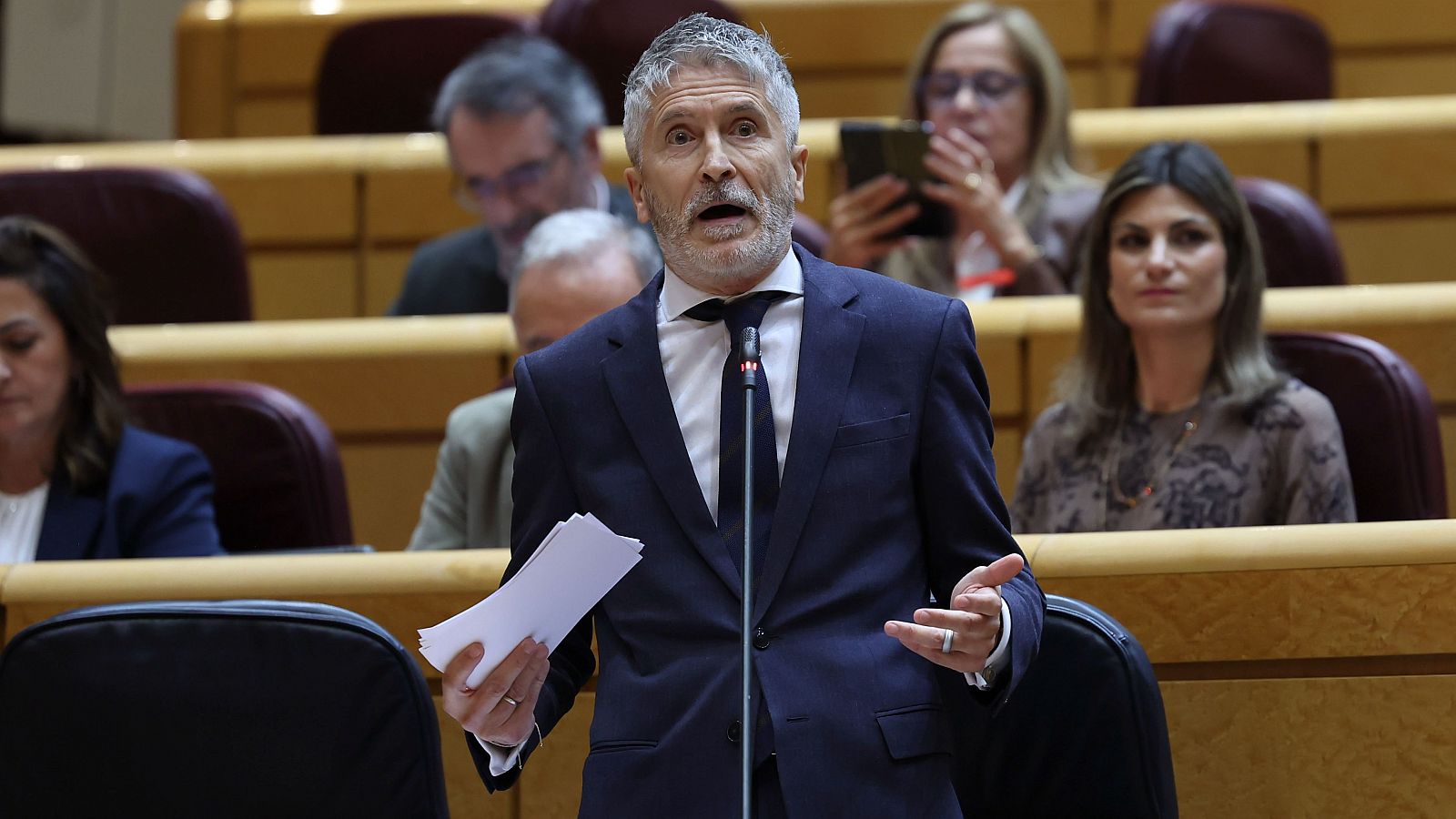 El ministro del Interior, Fernando Grande Marlaska, durante la sesión de control al Gobierno celebrada este martes por el pleno del Senado, en Madrid