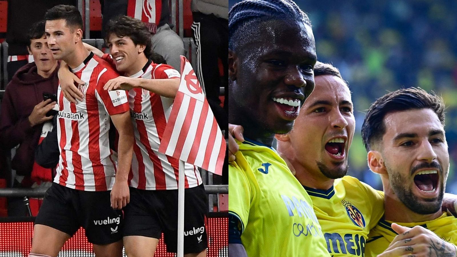 Dos escenas de un partido de fútbol: jugadores del Athletic Club, con equipación rojiblanca y bandera, celebran; jugadores del Villarreal CF, con camiseta amarilla, también festejan.