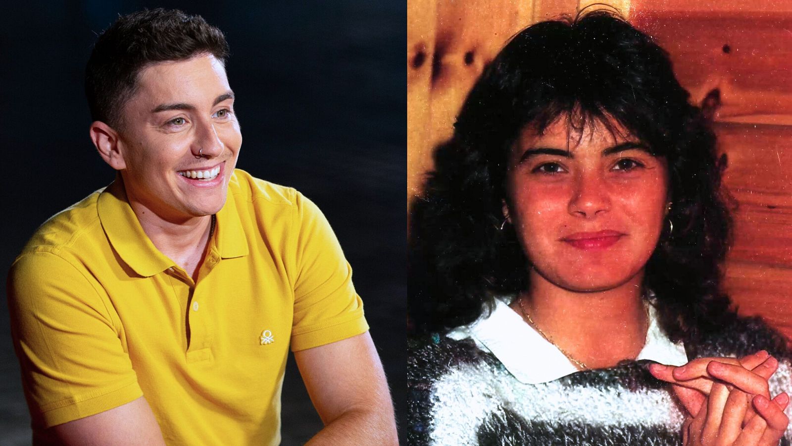 Retrato dividido: a la izquierda, un hombre joven con camisa amarilla; a la derecha, foto de una mujer con jersey de rayas. Ambos sonríen.