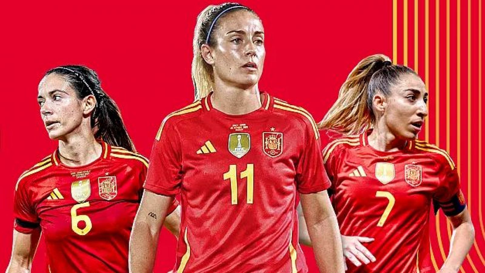 Tres futbolistas españolas (dorsales 6, 11 y 7) con camisetas rojas posan juntas sobre un fondo rojo y dorado. Una de ellas luce un trofeo sobre su dorsal.