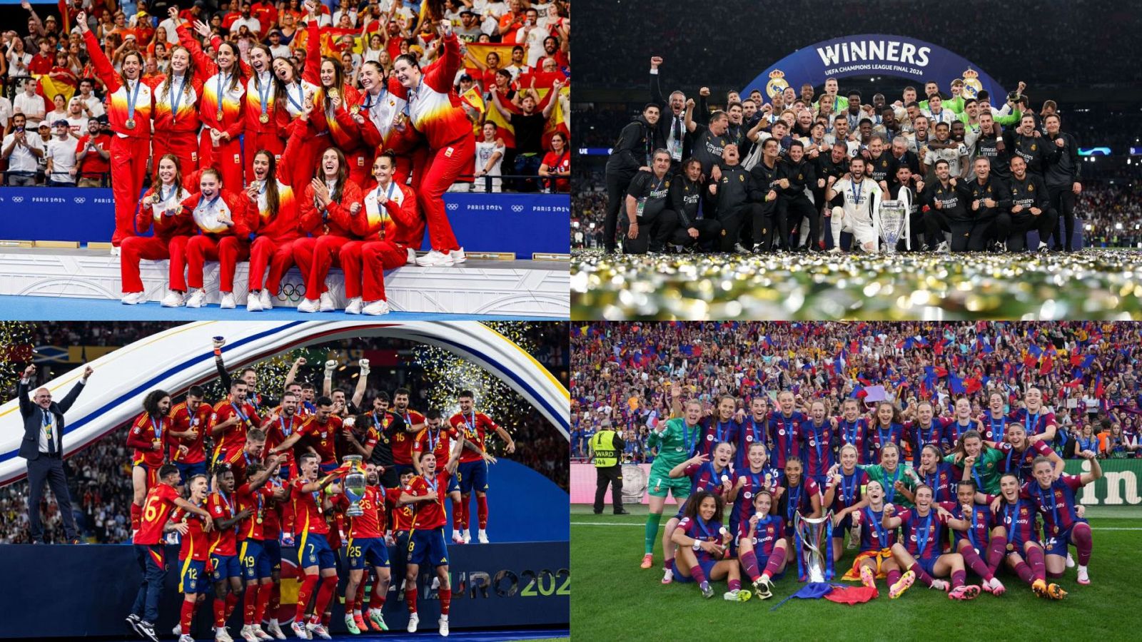 Collage de cuatro imágenes que muestran victorias de equipos deportivos españoles en 2024: gimnasia rítmica, Real Madrid (Champions), fútbol masculino y F.C. Barcelona femenino (Champions).