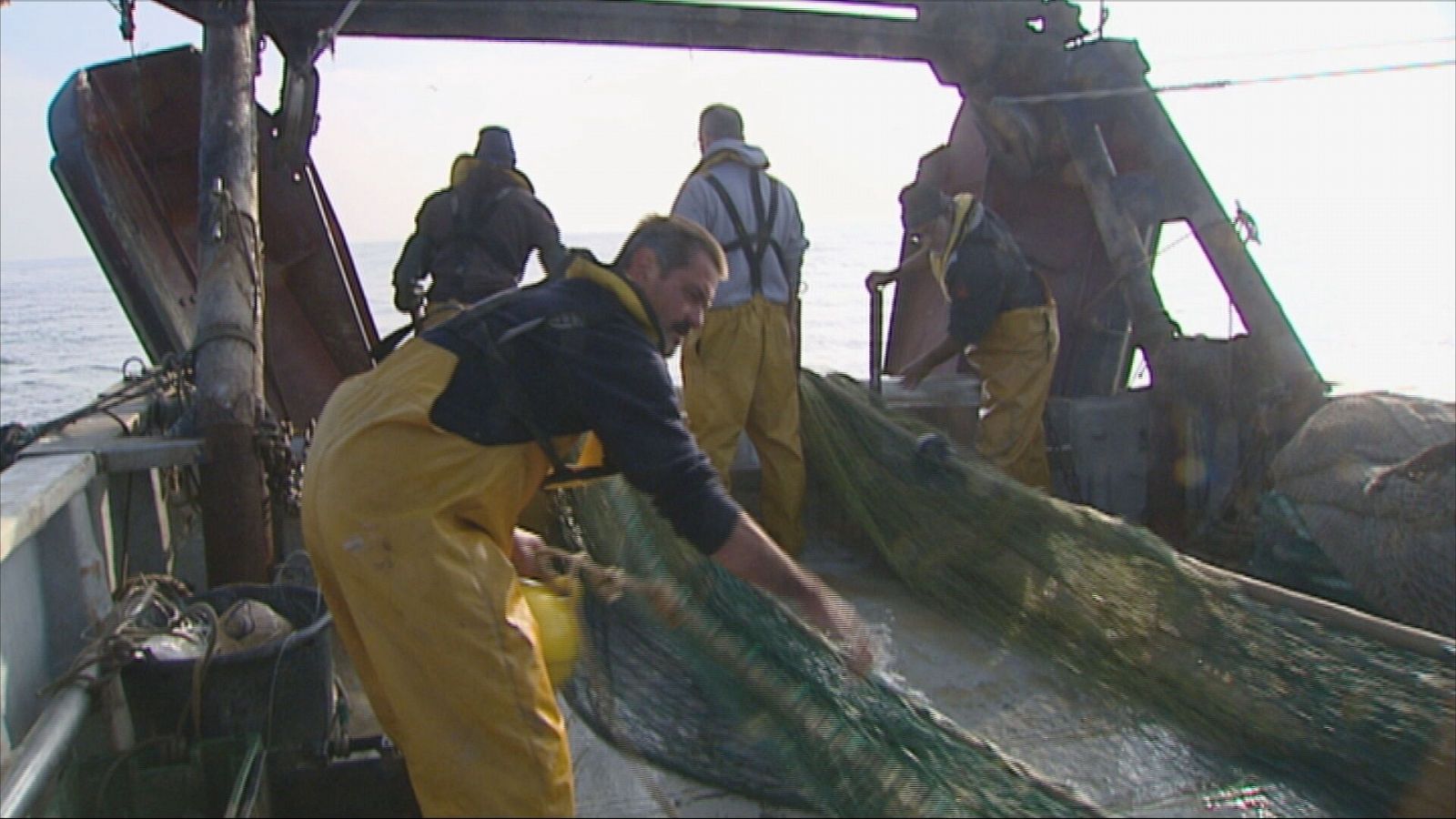 Pescadores con trajes amarillos recogen una red en un barco, bajo un cielo claro y mar tranquilo.