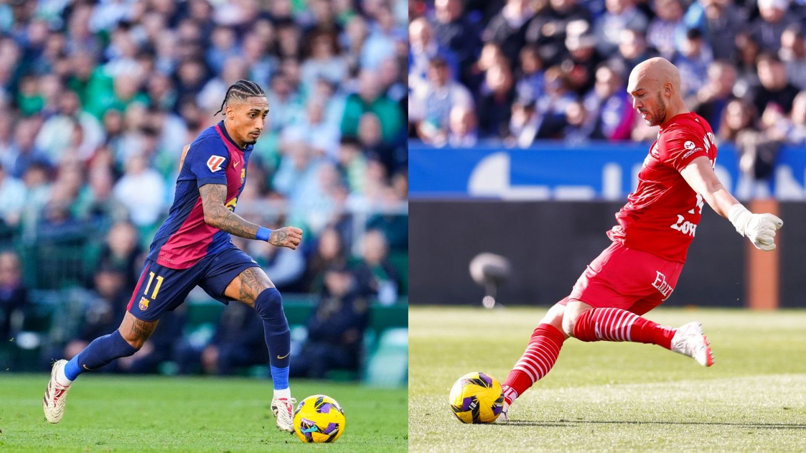 Partido de fútbol: jugador del Barcelona (camiseta azul, dorsal 11) con balón y portero del Leganés (equipación roja y blanca) a punto de despejar.  Ambas imágenes muestran público en las gradas.