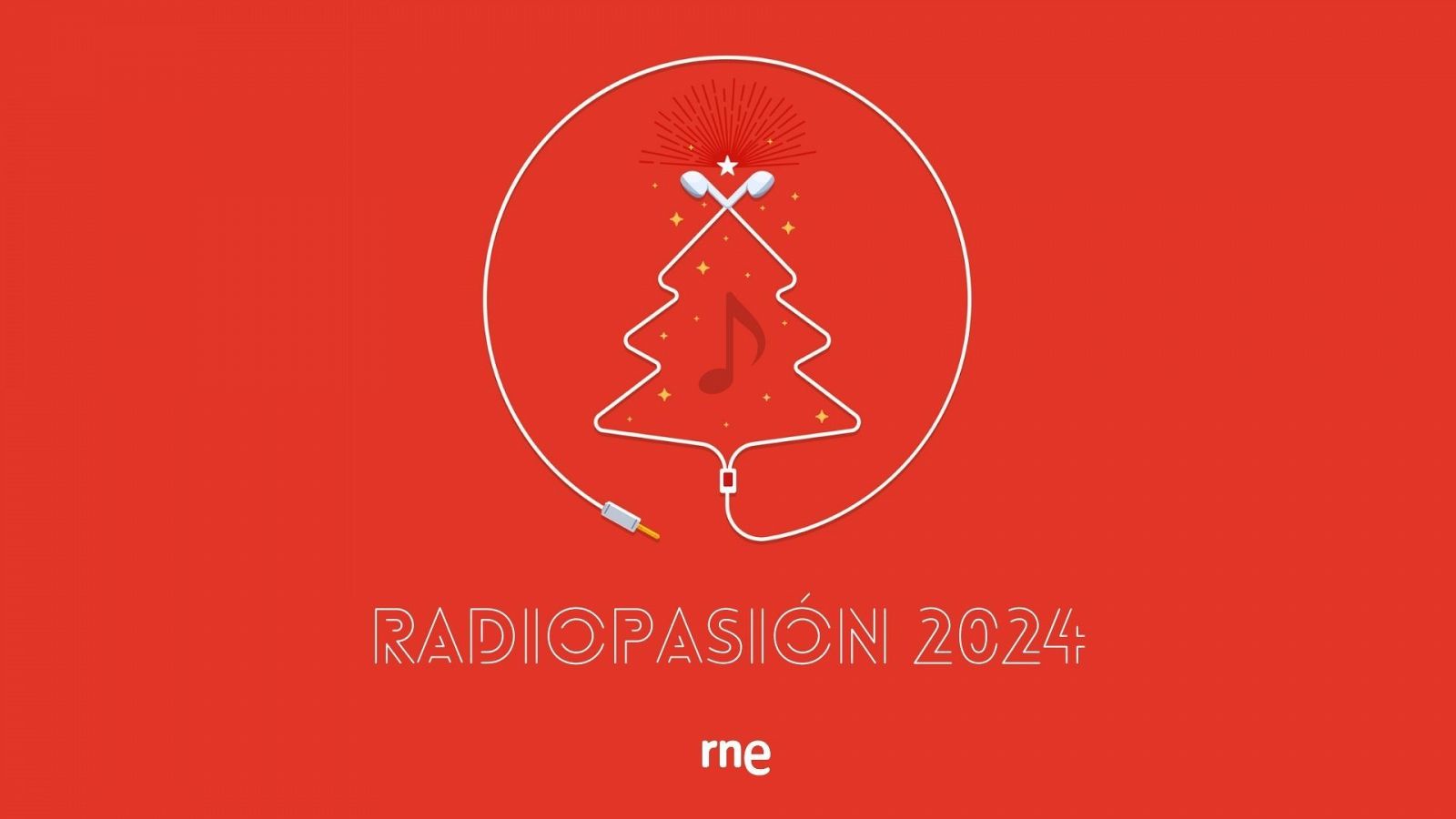 Auriculares dibujan un árbol de Navidad con nota musical roja y estrellas doradas.  Acompañado del texto "RADIOPASIÓN 2024" y el logo de RNE.