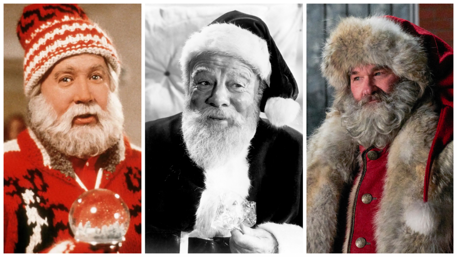 Imágenes de tres actores caracterizados como Santa Claus: uno con jersey navideño, otro con traje clásico y el último con un atuendo más elaborado.