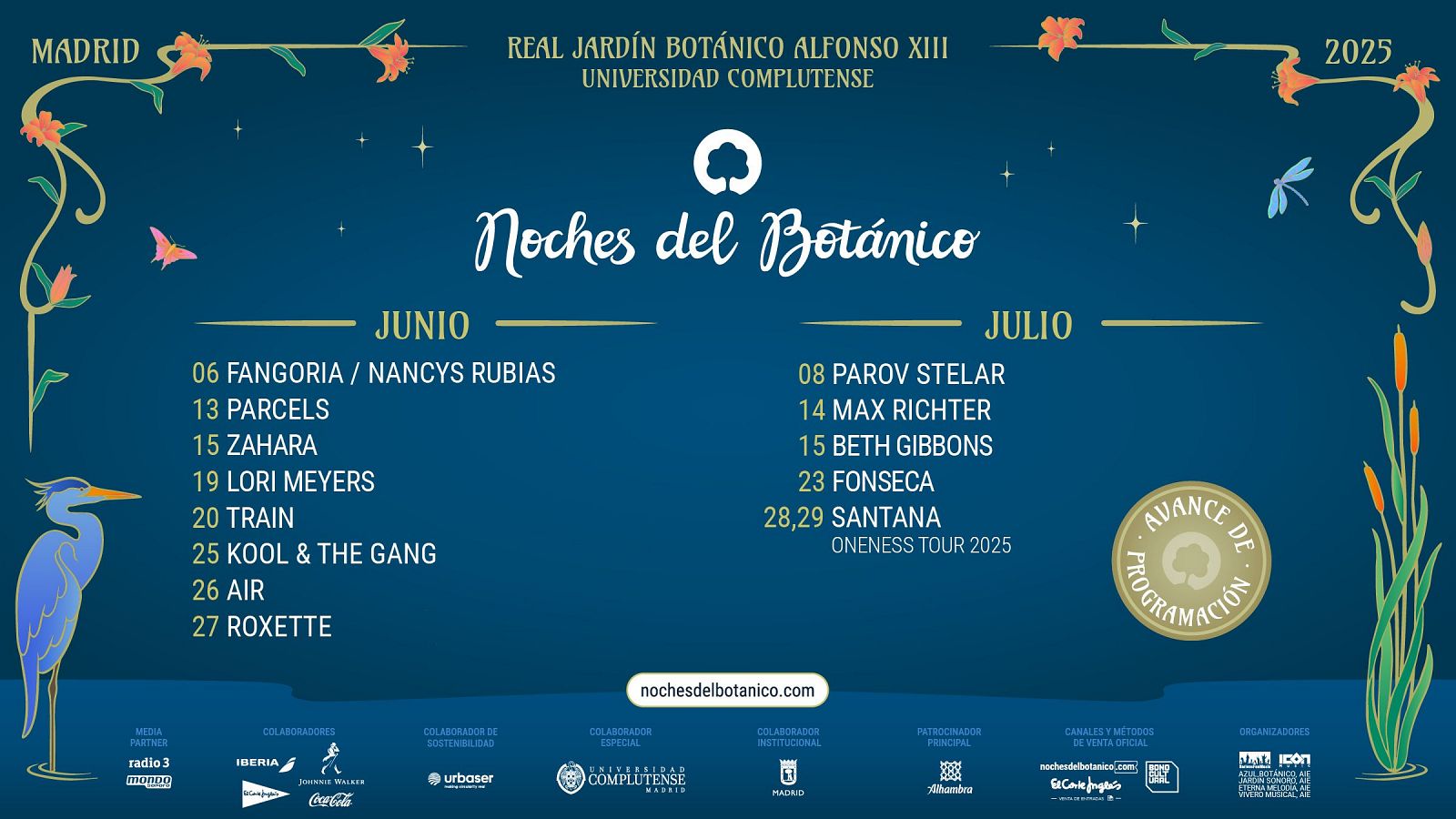 Cartel del festival 'Noches del Botánico' 2025.  Programación de junio y julio con artistas como Fangoria, Parcels, Zahara,  y otros.  Consulta la web para más información.