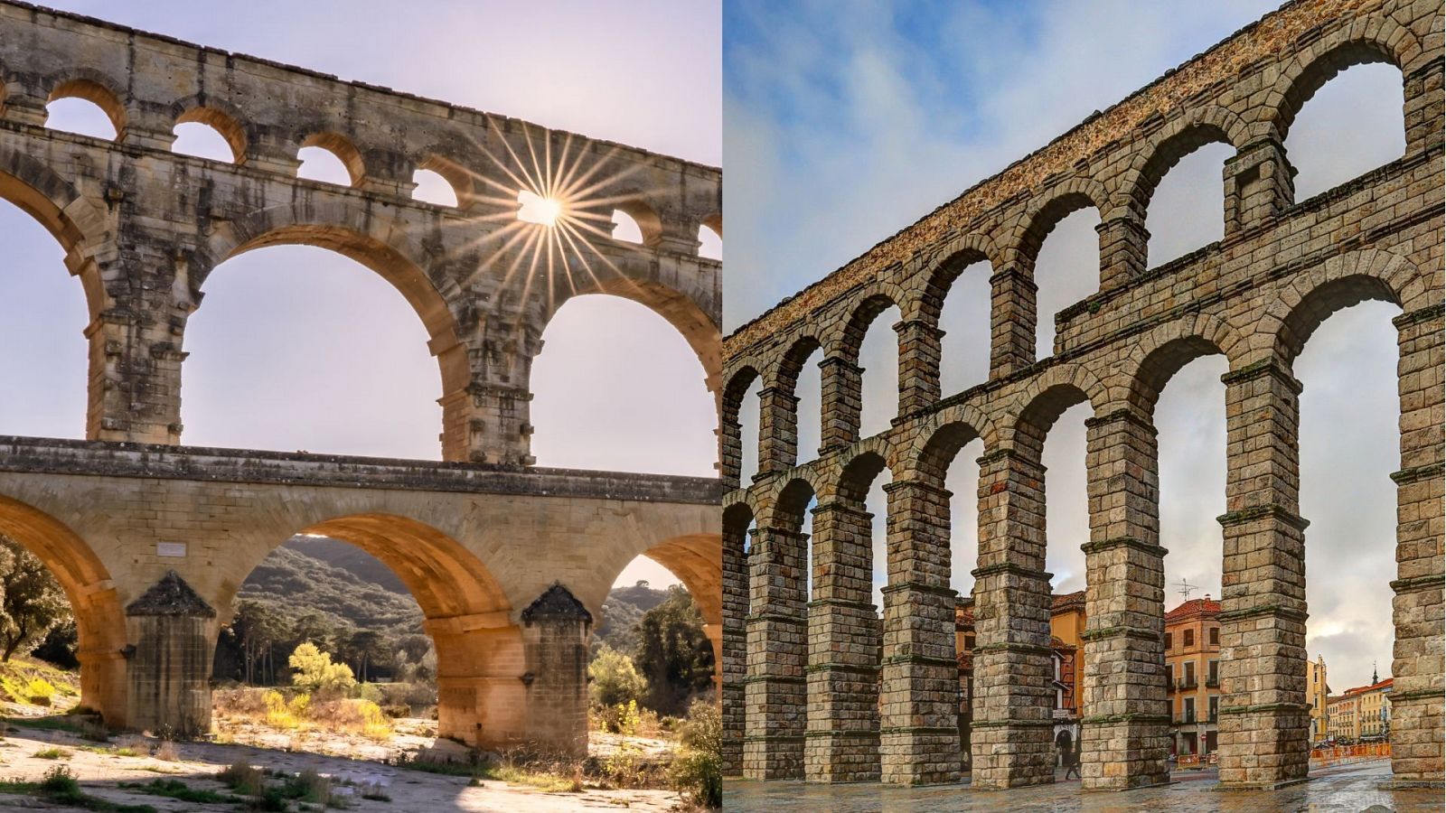 Dos imágenes muestran acueductos de piedra con múltiples arcos; uno en paisaje rural con contraluz, el otro en entorno urbano con suelo húmedo.