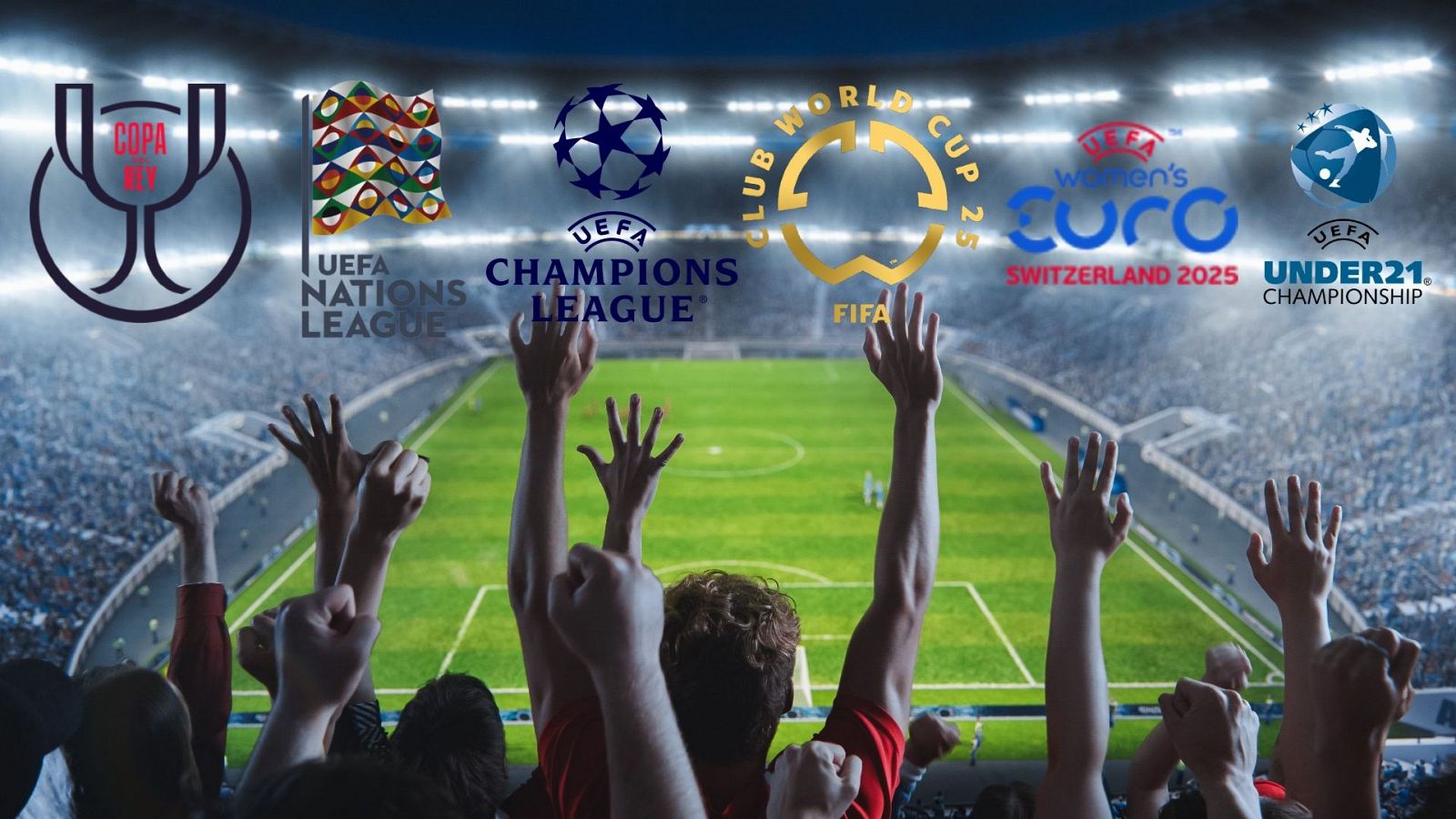 Estadio lleno de aficionados celebrando, con logotipos superpuestos de torneos de fútbol de 2025: Copa América, UEFA Champions League, entre otros.