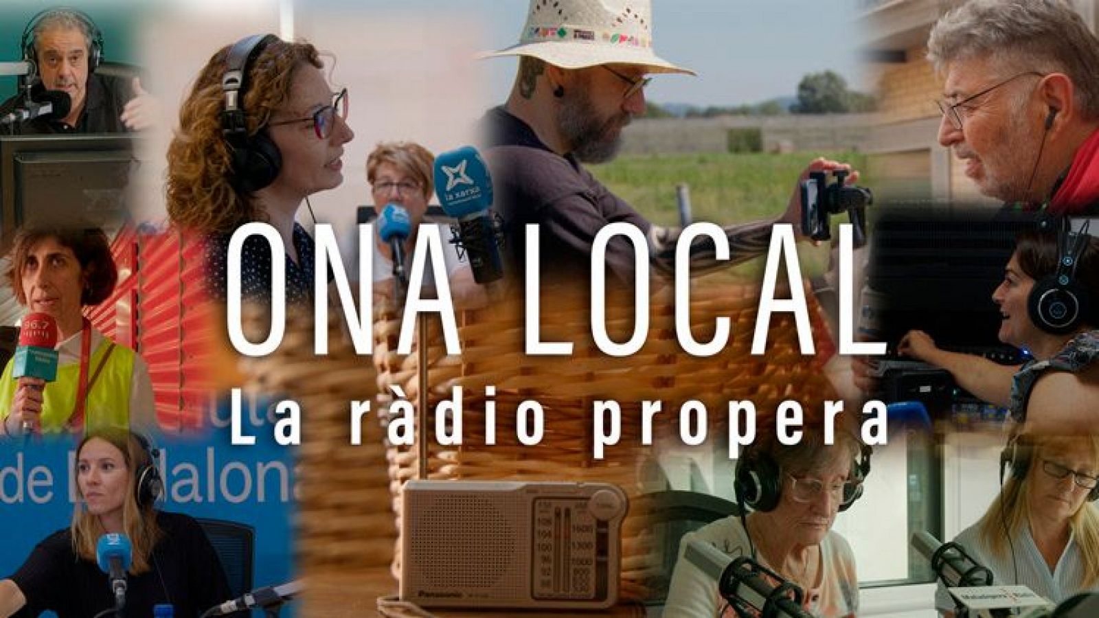 Imágenes de locutores, técnicos y trabajo de campo en una radio local, promocionando un documental sobre la importancia de la radio cercana.