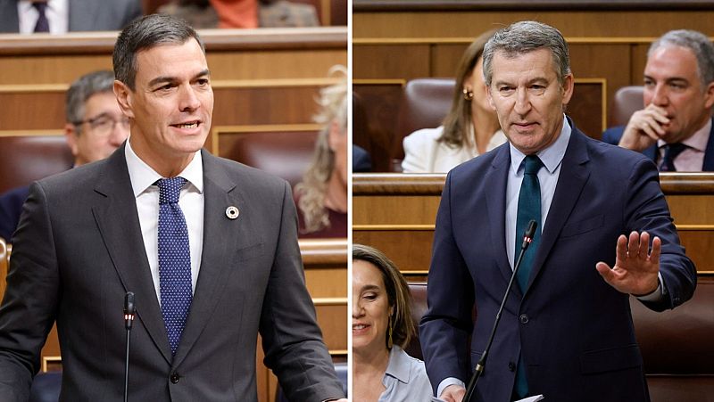 Imágenes de dos políticos, uno hablando ante un micrófono y otro gesticulando, posiblemente durante un debate parlamentario. Ambos visten traje oscuro y corbata.