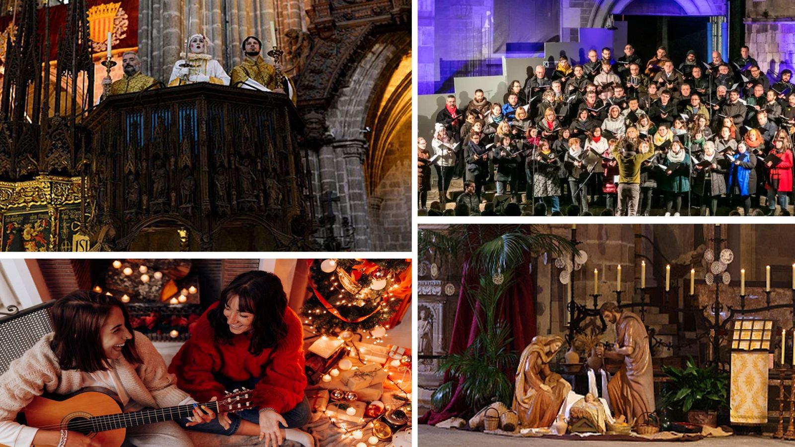 Cuatro escenas navideñas: misa, coro, música acústica y belén, reflejando la celebración religiosa, musical y tradicional de la Navidad.