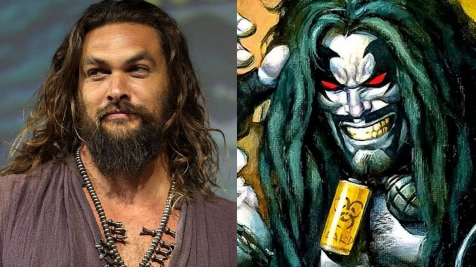 Comparación visual entre Jason Momoa y una ilustración de Lobo, mostrando el parecido físico entre el actor y el personaje de cómic.