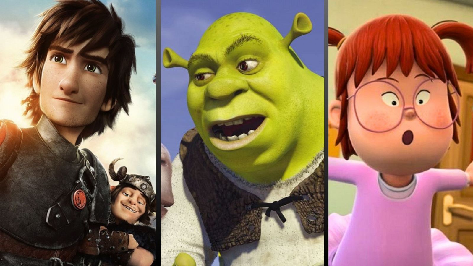 Tres personajes de películas infantiles animadas: Hipo (con otro vikingo), Shrek y una niña con gafas rosas. Cada uno en una sección vertical.