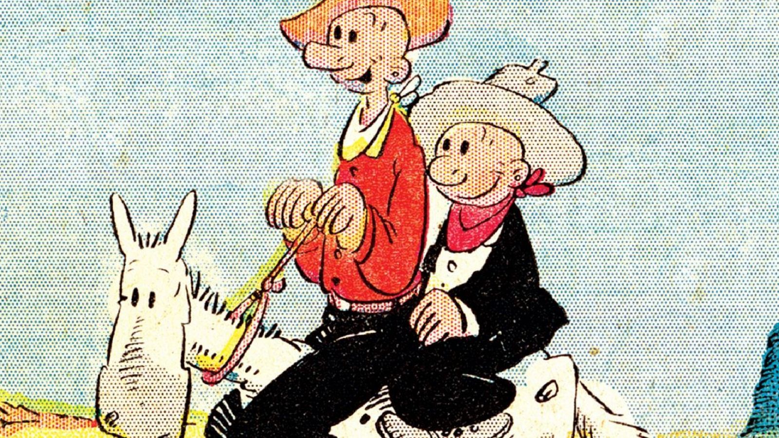 Popeye y Cocoliso, con atuendos vaqueros, cabalgan un burro en esta portada de cómic de estilo clásico. Fondo azul claro y tramado punteado.