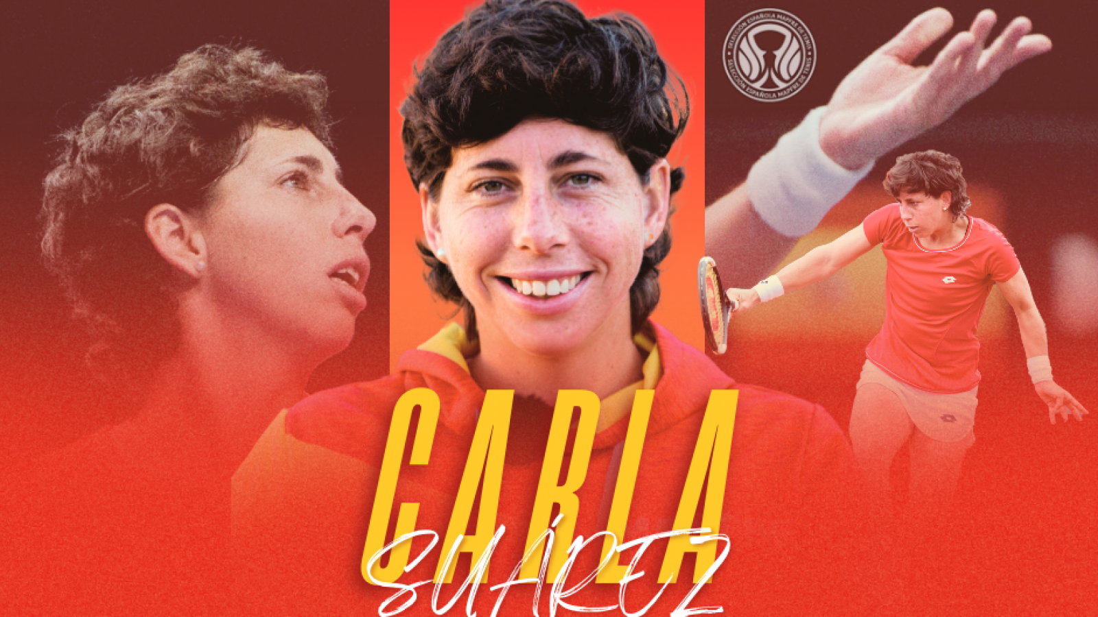 Imágenes de Carla Suárez en distintos momentos de su carrera tenística, incluyendo una jugando un partido y el logo de la Billie Jean King Cup.