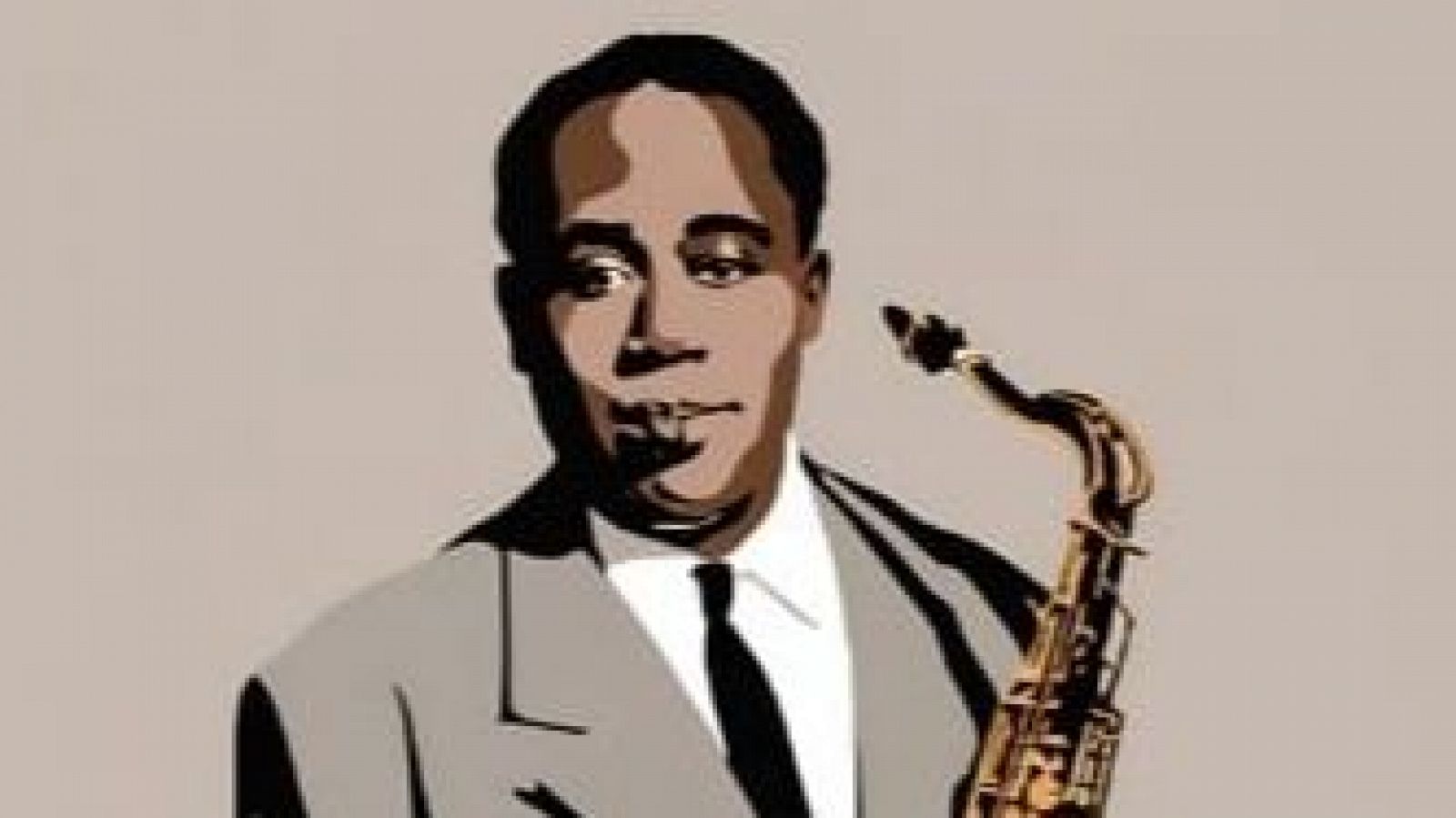 Representación de Charlie Parker con saxofón, traje gris y corbata negra sobre fondo beige.  Incluye el texto "Las noches del Monumental".