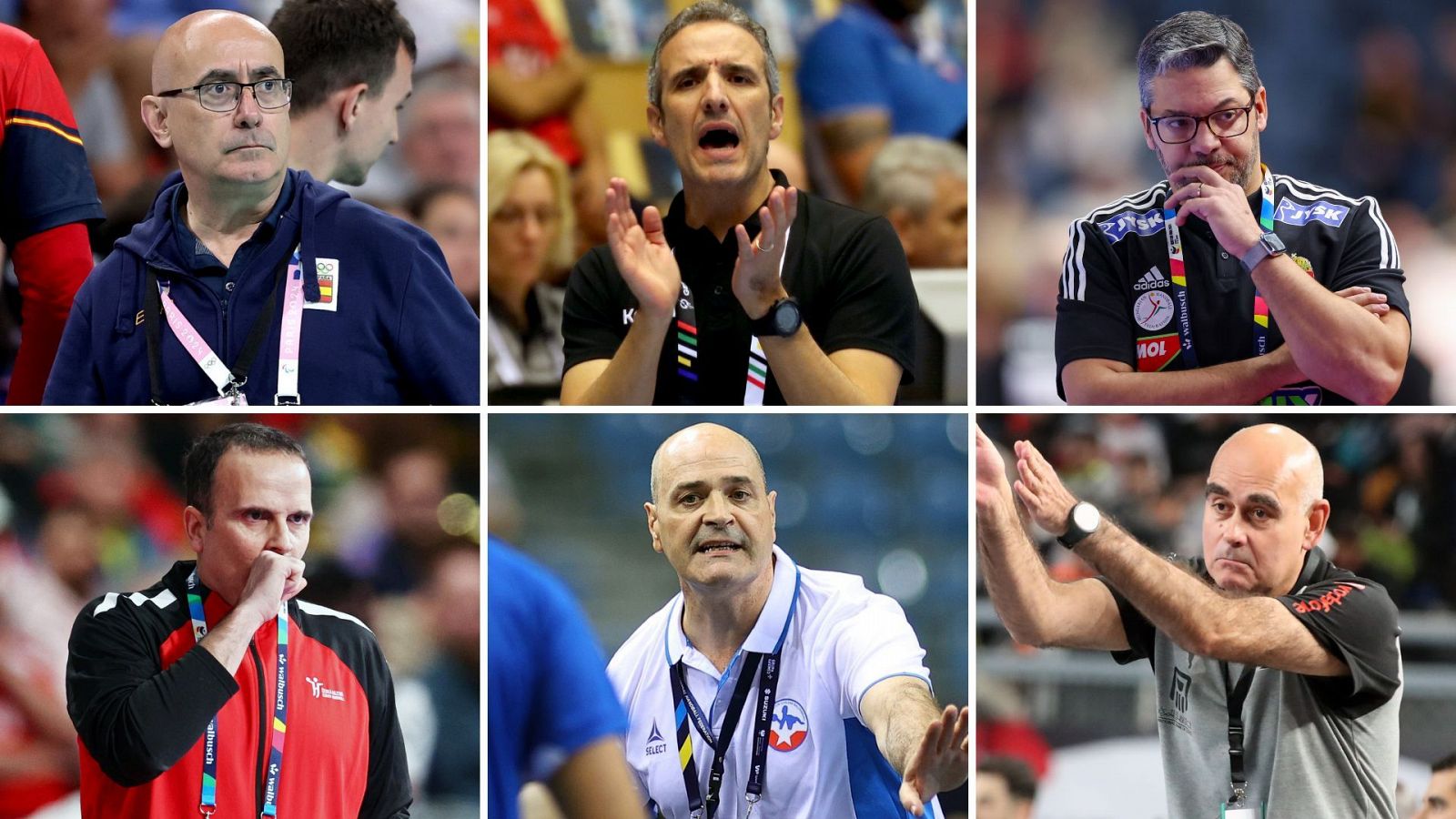 Collage de seis fotografías que muestran a los entrenadores españoles a cargo de selecciones en el Mundial de balonmano 2025. De izquierda a derecha y arriba abajo: Jordi Ribera, Toni Gerona, Chema Rodríguez, Xavi Sabaté, Aitor Etxaburu y Juan Carlos Pastor