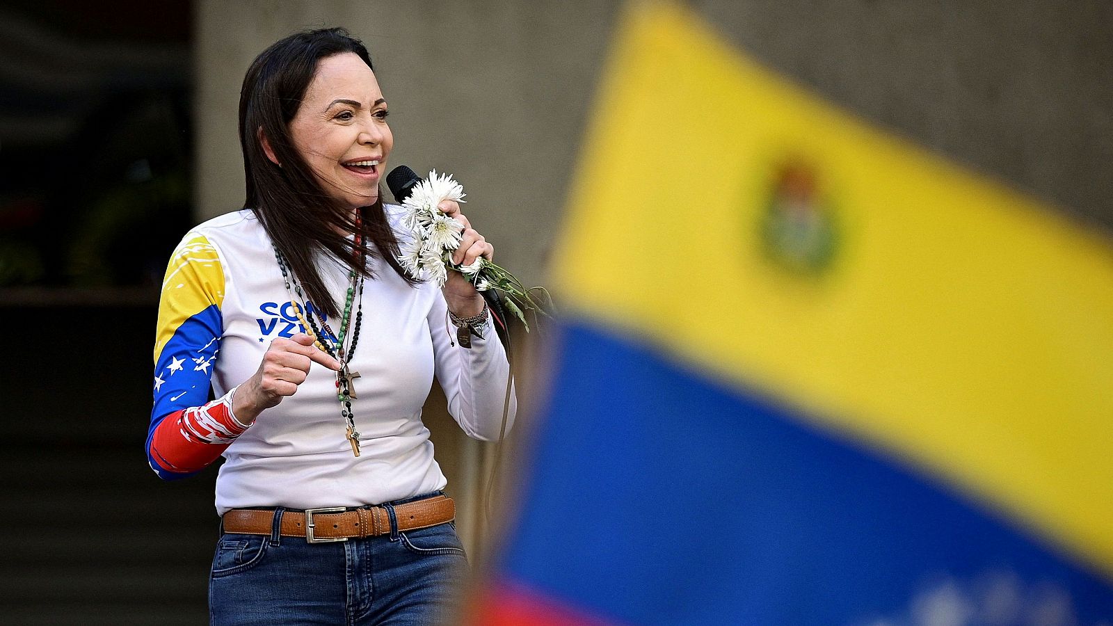 La líder opositora venezolana María Corina Machado en una protesta en Caracas