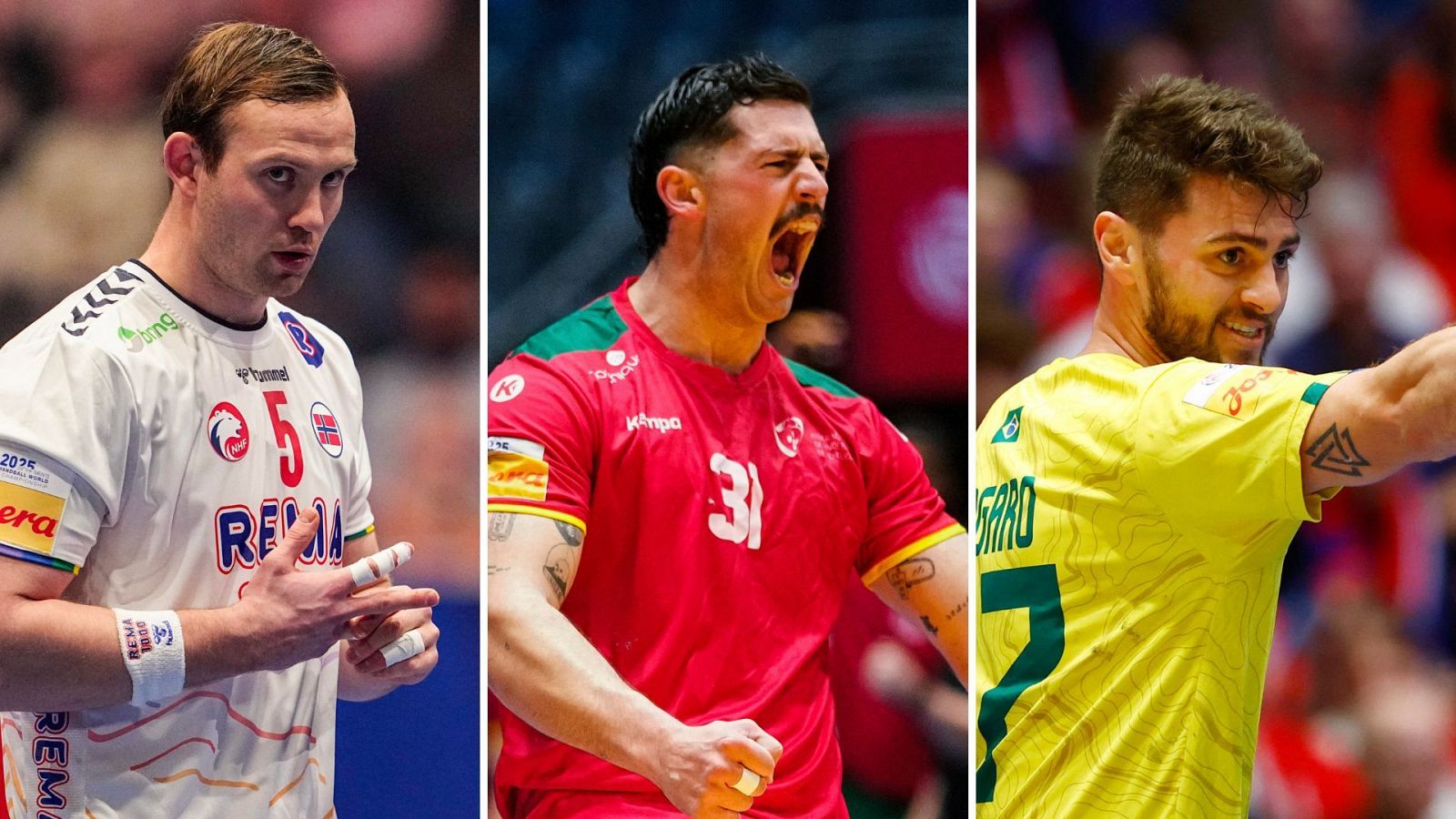 De izquierda a derecha, Sander Sagosen (Noruega) Salvador Salvador (Portugal) y Haniel Langaro (Brasil), estrellas de los equipos rivales España en la 'main round' del Mundial de balonmano. Fotocomposición