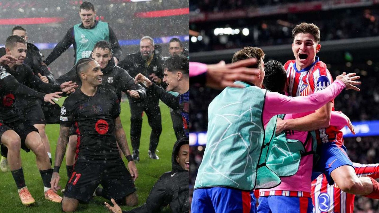 Celebraciones de los equipos de fútbol tras conseguir su pase a cuartos de final de la Champions League.  Se muestran jugadores con sus uniformes respectivos, uno bajo la lluvia.