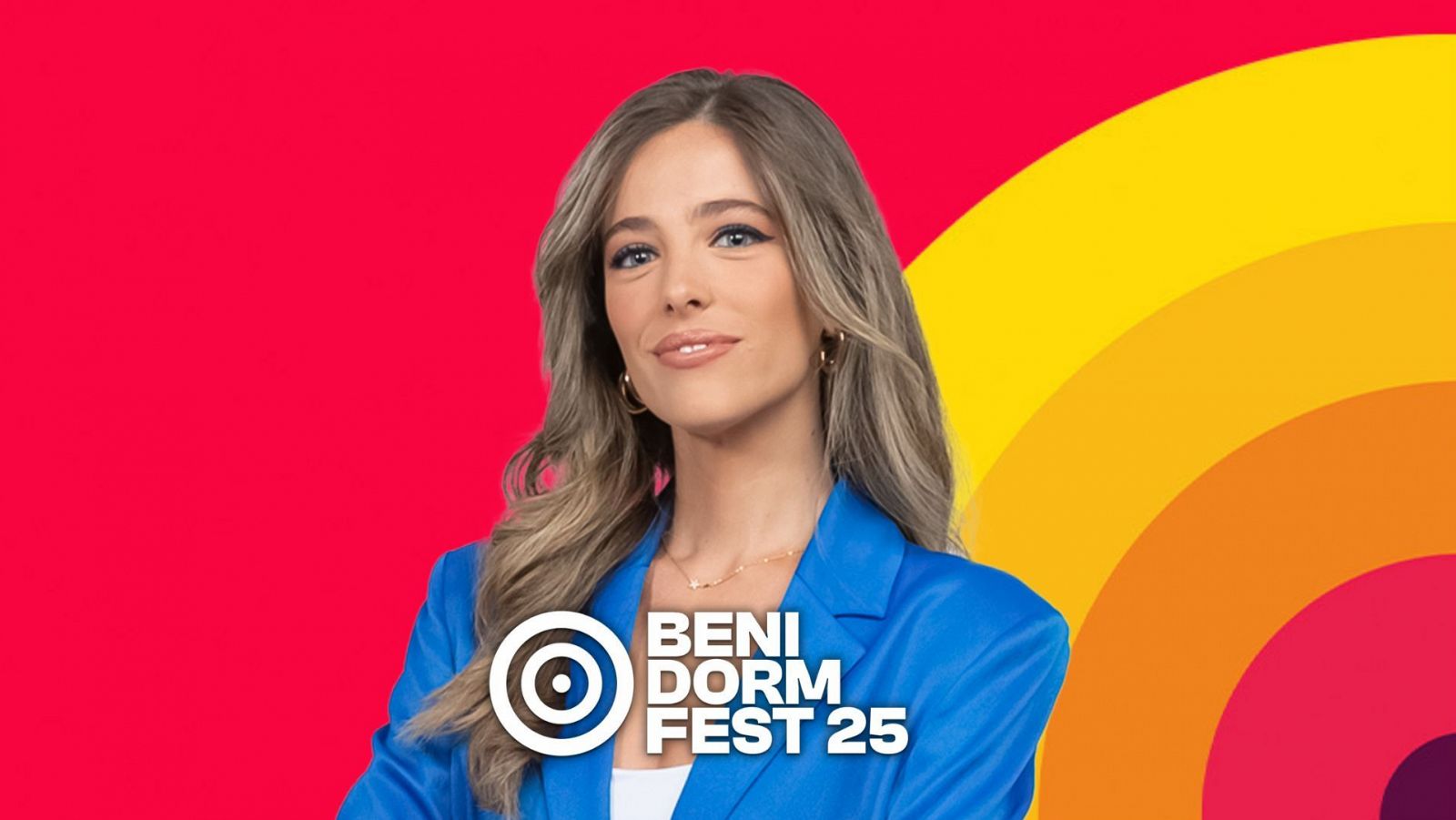 Inés Hernand, chaqueta azul con "BENIDORM FEST 25", fondo círculos cálidos.  Numeración "BF 2025 169 - BF 2" y "Edición 2025". Promoción Benidorm Fest 2025.