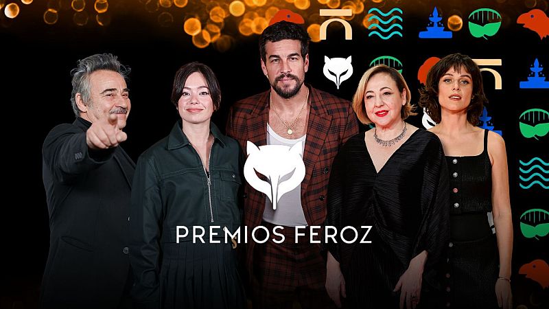 Fotografía promocional de los Premios Feroz con cuatro personas de perfil en un fondo negro con el logo de la cabeza de lobo estilizada.