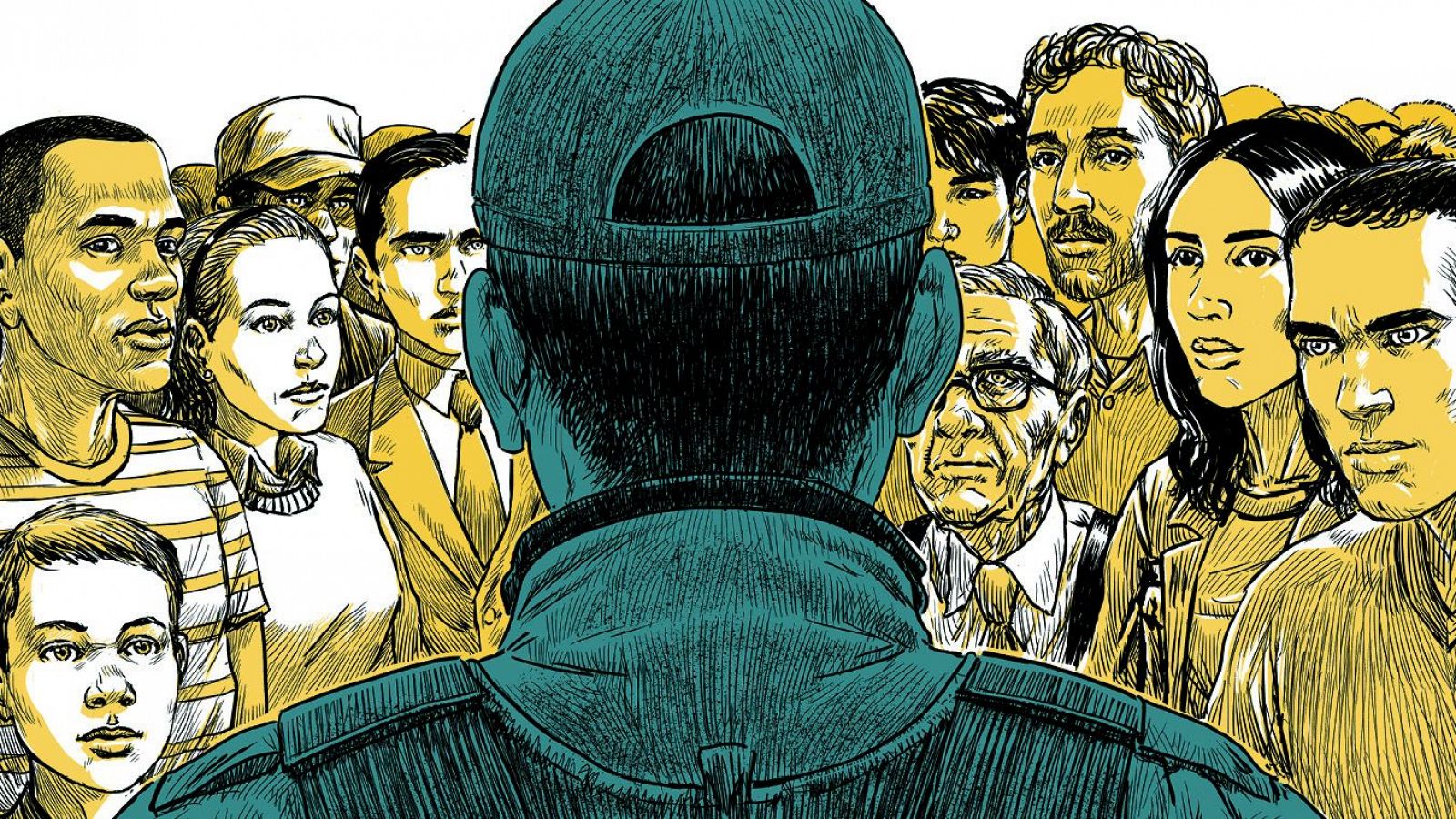 Espalda de un policía con gorra y uniforme verde oscuro, frente a una multitud diversa. Detalle de la portada del cómic 'Policía Global'.