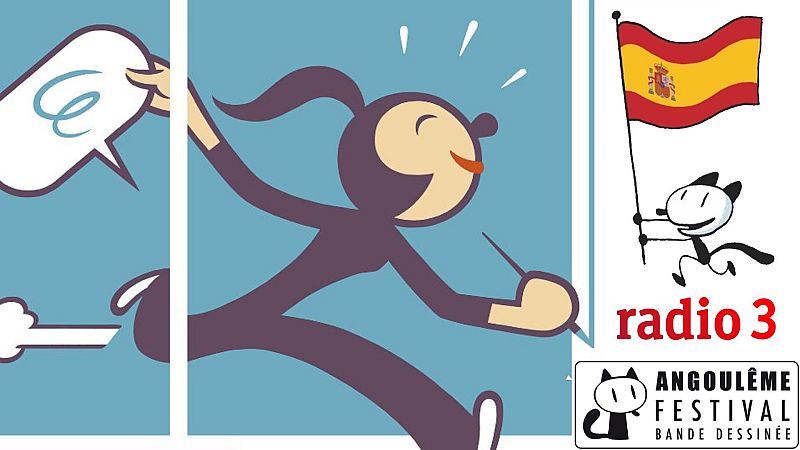 Tira cómica azul de tres viñetas: personaje corre con bocadillo y luego con un instrumento de dibujo; otro personaje ondea bandera española; se ve 'Radio 3' y logo del Festival de Angoulême.