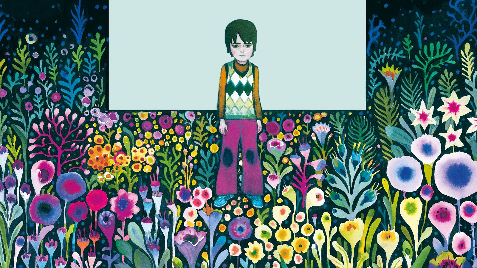 Niño serio con jersey de rombos y pantalones rosa en campo de flores; fondo oscuro con rectángulo azul. Portada de cómic.