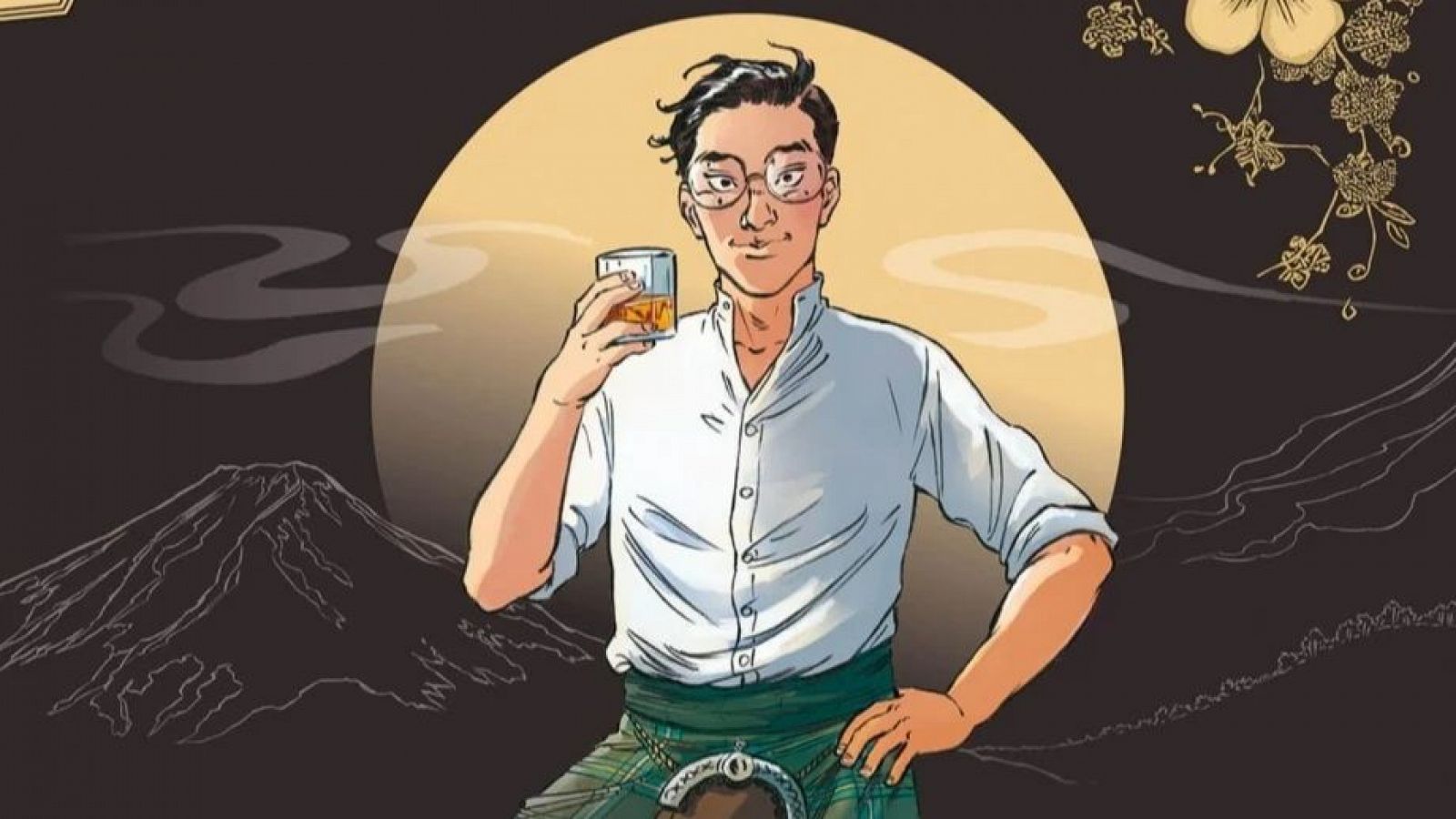 Hombre con kilt y gafas bebiendo whisky, fondo con círculo amarillo y montaña. Portada del cómic "Whisky san".