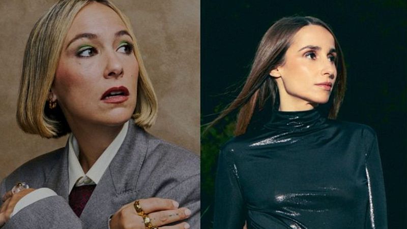 Foto promocional de Rigoberta Bandini y Zahara, artistas que actuarán en los Premios Goya 2025. Bandini viste traje gris y Zahara jersey negro.