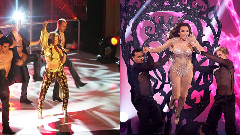 Comparativa de las actuaciones de Melody en la preselección de Eurovisión 2009 y 2025: vestuario y puesta en escena muy diferentes.