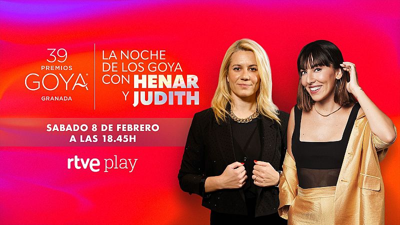 Presentadoras Henar Álvarez y Judith Tiral en cartel de los Premios Goya 39ª edición.  Emisión: sábado 8 de febrero, 18:45h en rtve play.